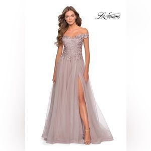 La Femme off-shoulder formal gown with slit; size 12
